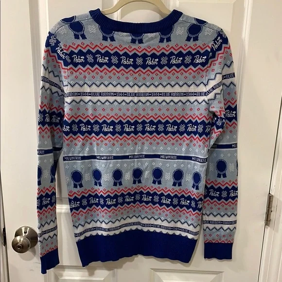 Pabst Blue Ribbon Cardigan with Nordic Patterns holiday Men’s Size Small - Picture 2 of 9